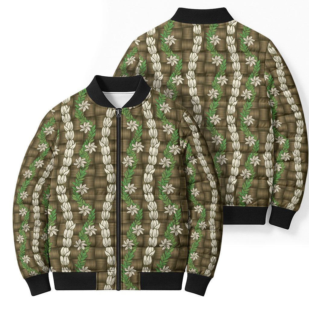 Pikake Maile Tiare Lei Bomber Puffer Jacket Natural Lauhala Pattern