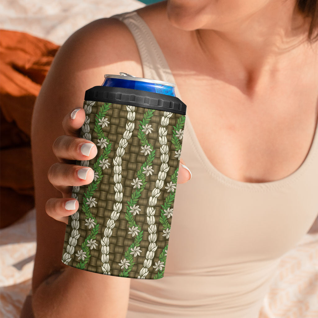 Pikake Maile Tiare Lei 4 in 1 Can Cooler Tumbler Natural Lauhala Pattern