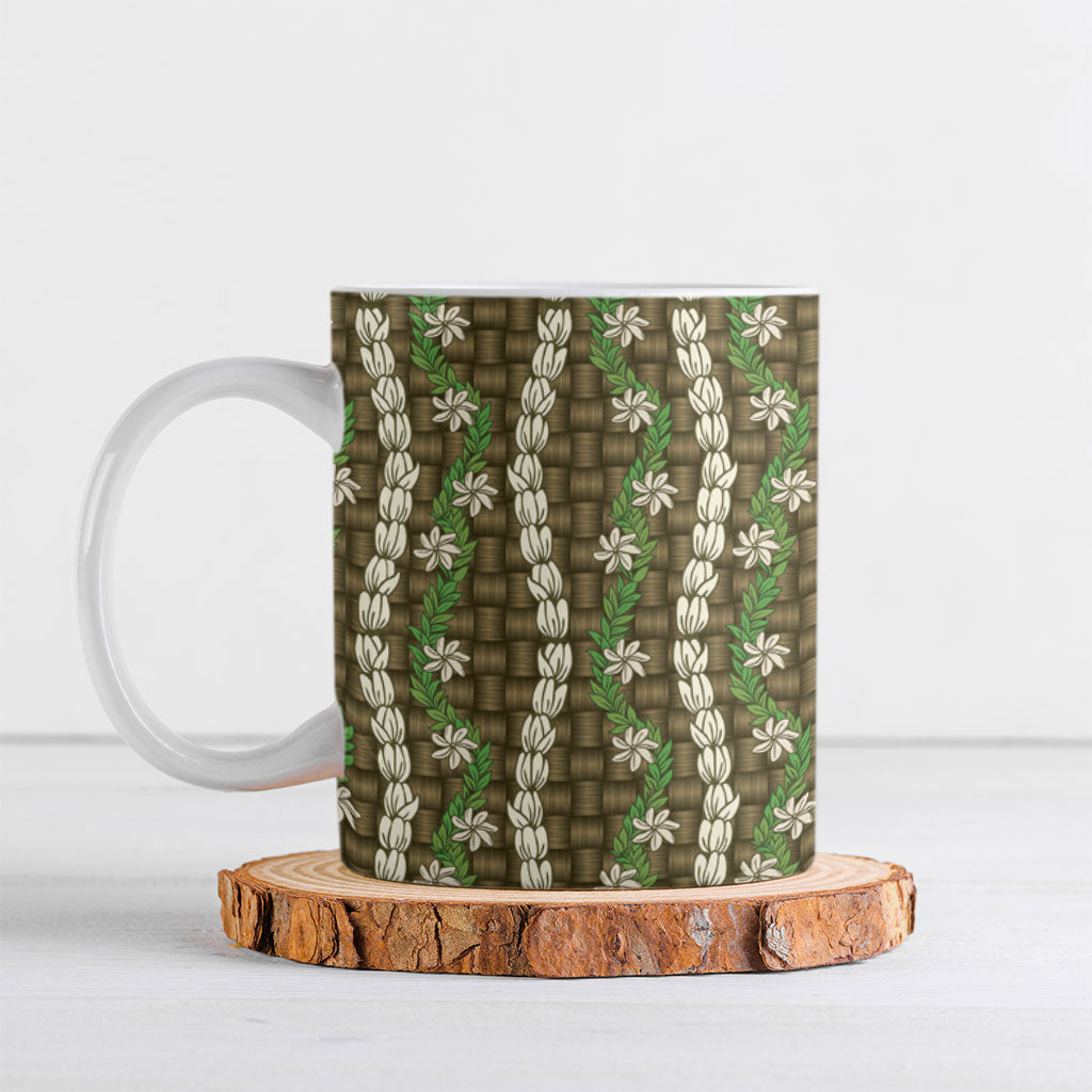 Pikake Maile Tiare Lei Ceramic Mug Natural Lauhala Pattern LT01 Brown - Polynesian Pride