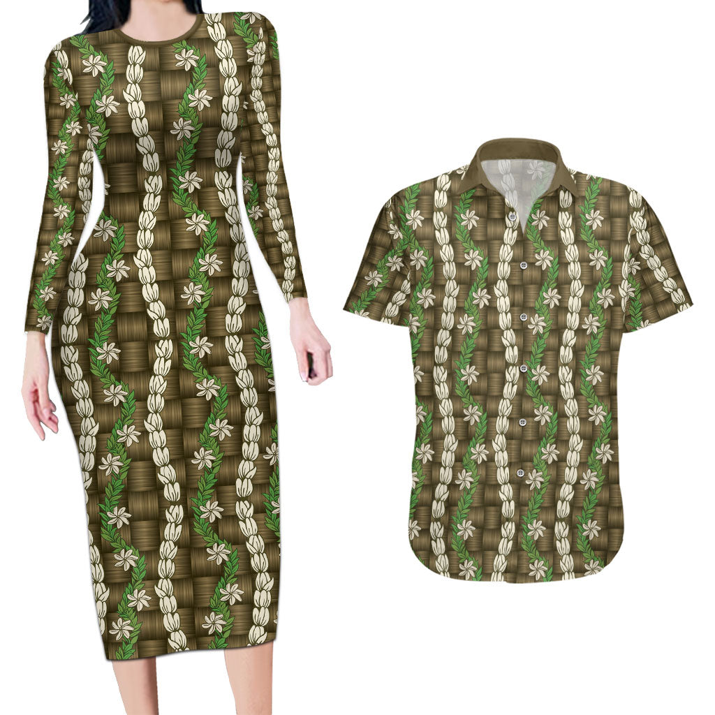 Pikake Maile Tiare Lei Couples Matching Long Sleeve Bodycon Dress and Hawaiian Shirt Natural Lauhala Pattern LT01 Brown - Polynesian Pride