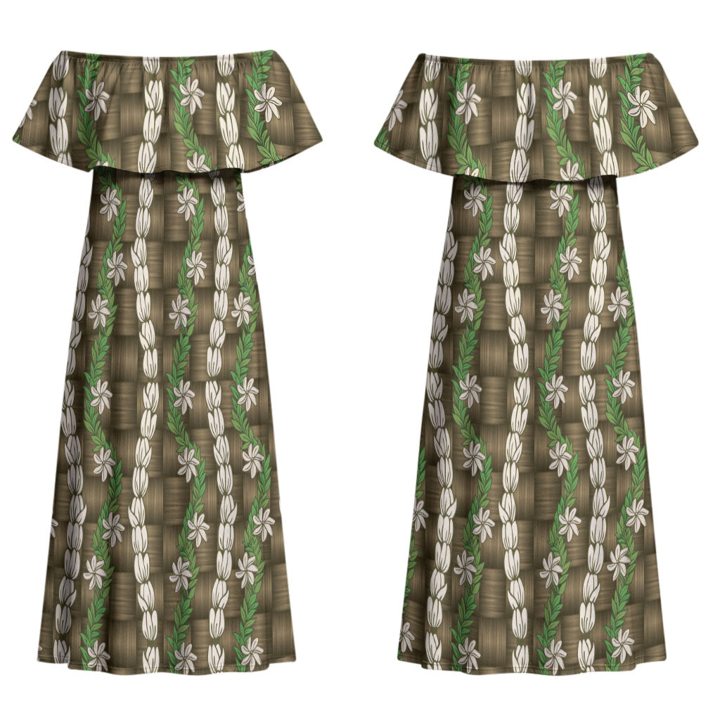 Pikake Maile Tiare Lei Couples Matching Off Shoulder Maxi Dress and Long Sleeve Button Shirt Natural Lauhala Pattern LT01 - Polynesian Pride