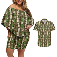 Pikake Maile Tiare Lei Couples Matching Off Shoulder Short Dress and Hawaiian Shirt Natural Lauhala Pattern