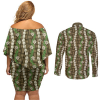 Pikake Maile Tiare Lei Couples Matching Off Shoulder Short Dress and Long Sleeve Button Shirt Natural Lauhala Pattern