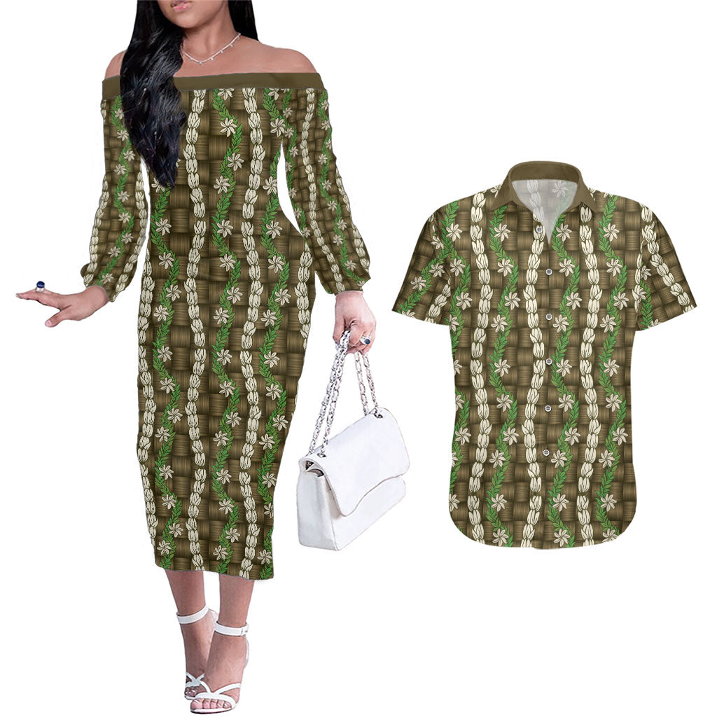 Pikake Maile Tiare Lei Couples Matching Off The Shoulder Long Sleeve Dress and Hawaiian Shirt Natural Lauhala Pattern