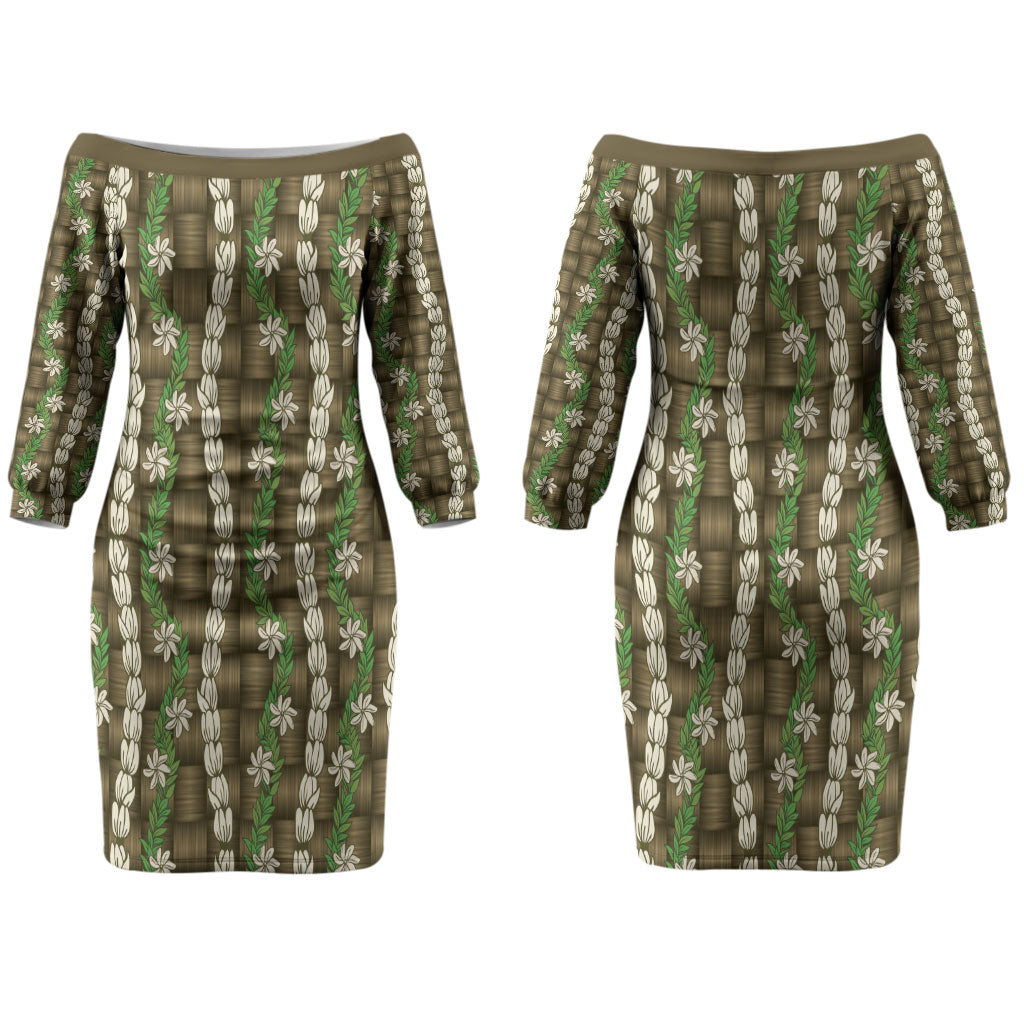 Pikake Maile Tiare Lei Couples Matching Off The Shoulder Long Sleeve Dress and Long Sleeve Button Shirt Natural Lauhala Pattern LT01 - Polynesian Pride