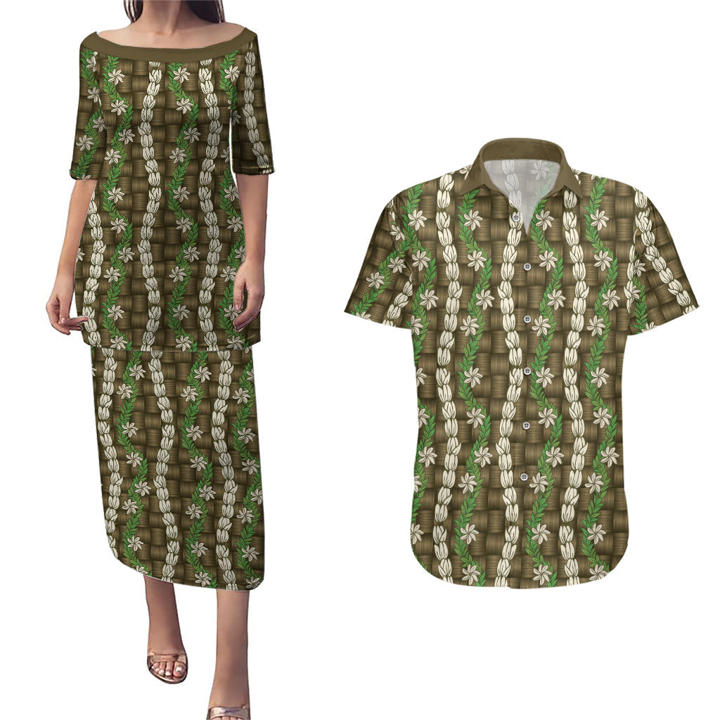 Pikake Maile Tiare Lei Couples Matching Puletasi and Hawaiian Shirt Natural Lauhala Pattern