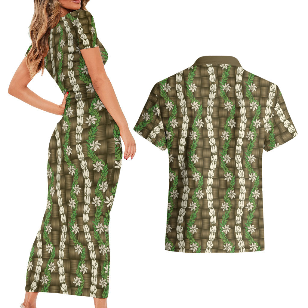 Pikake Maile Tiare Lei Couples Matching Short Sleeve Bodycon Dress and Hawaiian Shirt Natural Lauhala Pattern