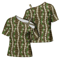 Pikake Maile Tiare Lei Cross Shoulder Shirt Natural Lauhala Pattern