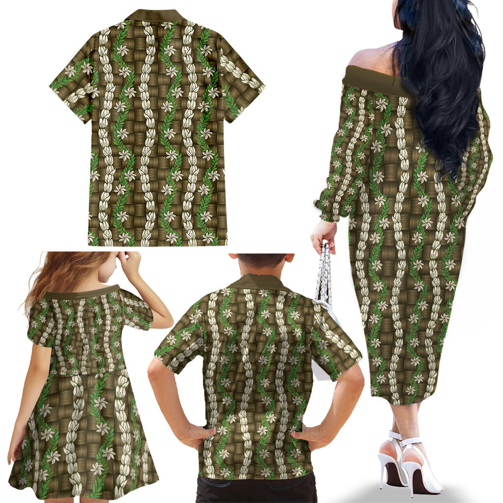 Pikake Maile Tiare Lei Family Matching Off The Shoulder Long Sleeve Dress and Hawaiian Shirt Natural Lauhala Pattern