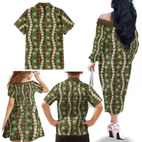 Pikake Maile Tiare Lei Family Matching Off The Shoulder Long Sleeve Dress and Hawaiian Shirt Natural Lauhala Pattern