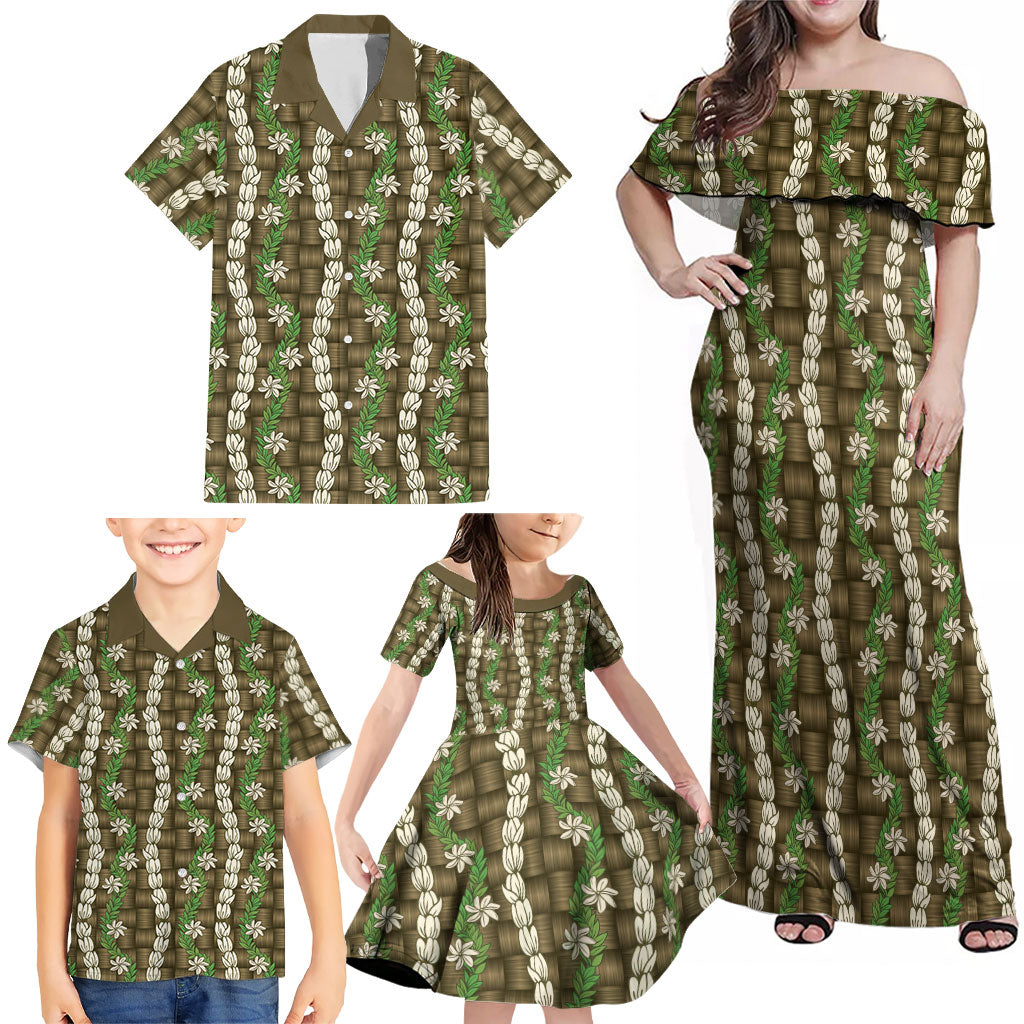 Pikake Maile Tiare Lei Family Matching Off Shoulder Maxi Dress and Hawaiian Shirt Natural Lauhala Pattern LT01 - Polynesian Pride