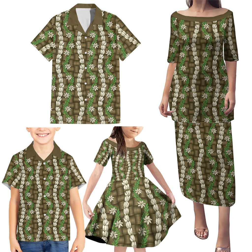 Pikake Maile Tiare Lei Family Matching Puletasi and Hawaiian Shirt Natural Lauhala Pattern LT01 - Polynesian Pride
