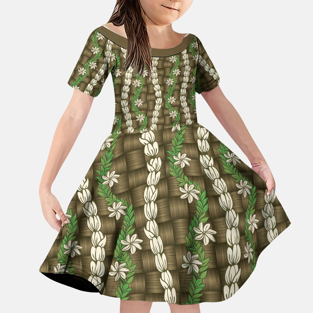 Pikake Maile Tiare Lei Family Matching Short Sleeve Bodycon Dress and Hawaiian Shirt Natural Lauhala Pattern