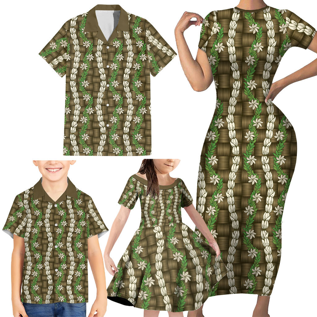 Pikake Maile Tiare Lei Family Matching Short Sleeve Bodycon Dress and Hawaiian Shirt Natural Lauhala Pattern