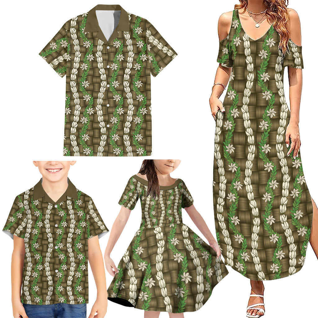 Pikake Maile Tiare Lei Family Matching Summer Maxi Dress and Hawaiian Shirt Natural Lauhala Pattern