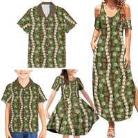 Pikake Maile Tiare Lei Family Matching Summer Maxi Dress and Hawaiian Shirt Natural Lauhala Pattern