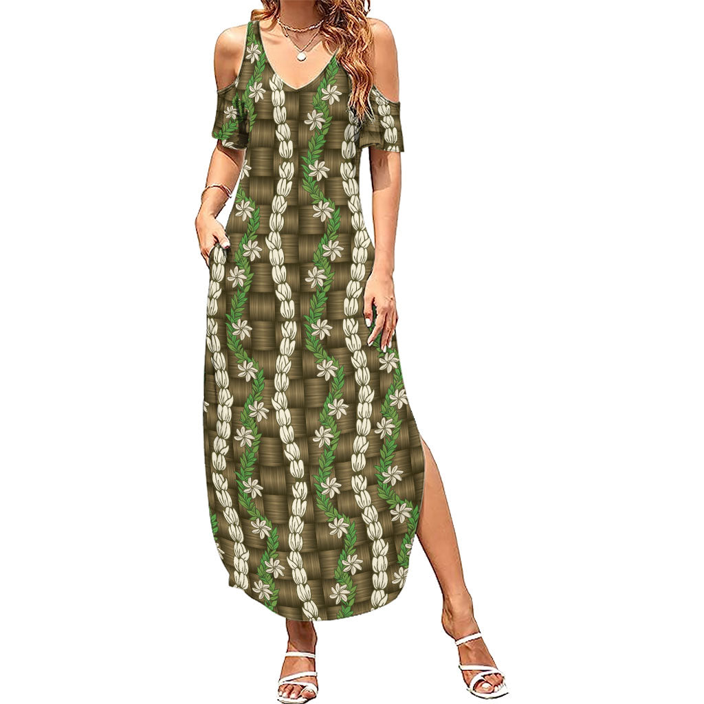 Pikake Maile Tiare Lei Family Matching Summer Maxi Dress and Hawaiian Shirt Natural Lauhala Pattern
