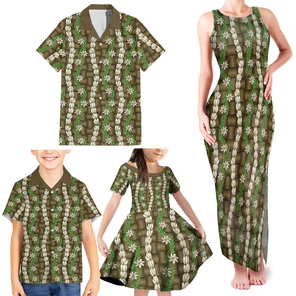 Pikake Maile Tiare Lei Family Matching Tank Maxi Dress and Hawaiian Shirt Natural Lauhala Pattern