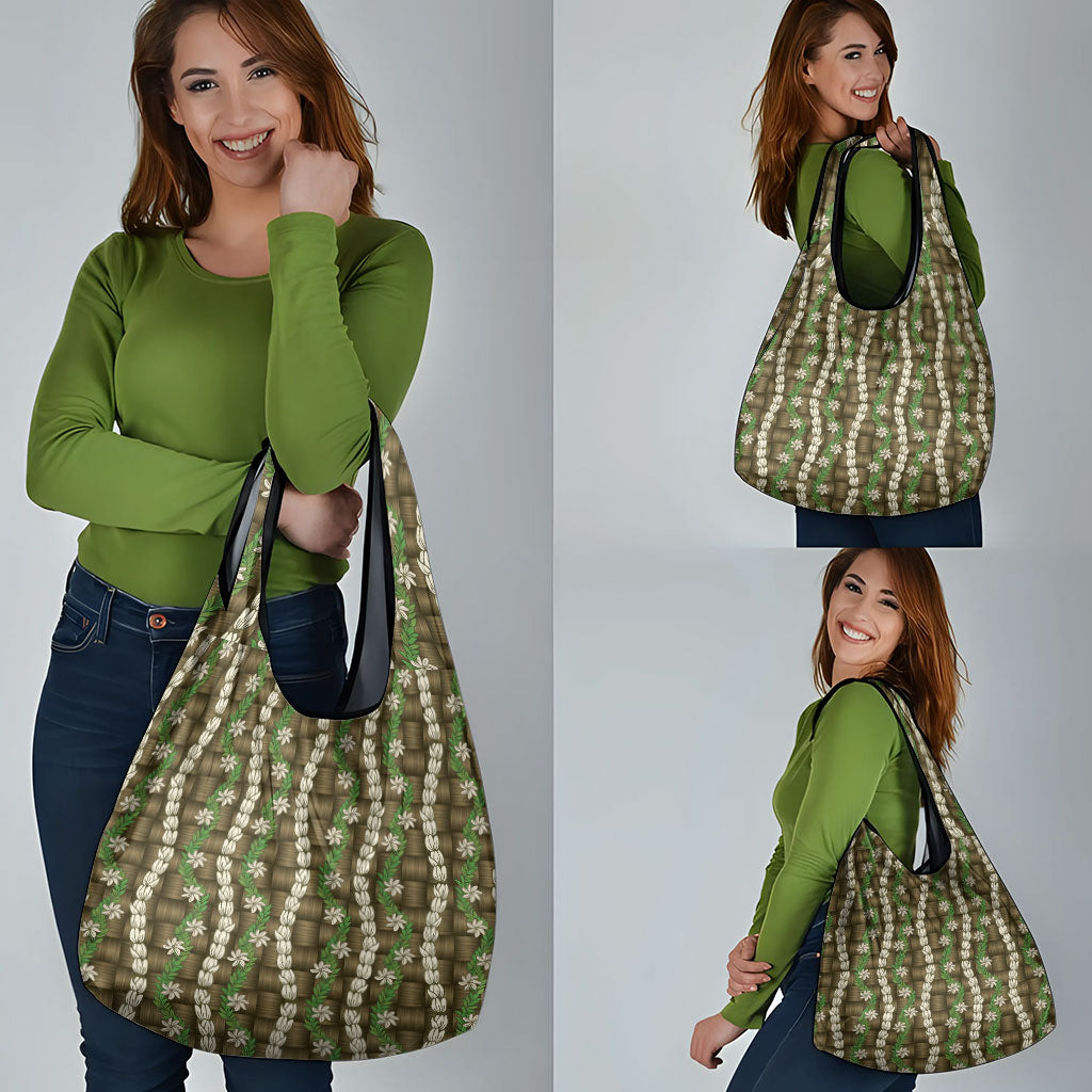 Pikake Maile Tiare Lei Grocery Bag Natural Lauhala Pattern
