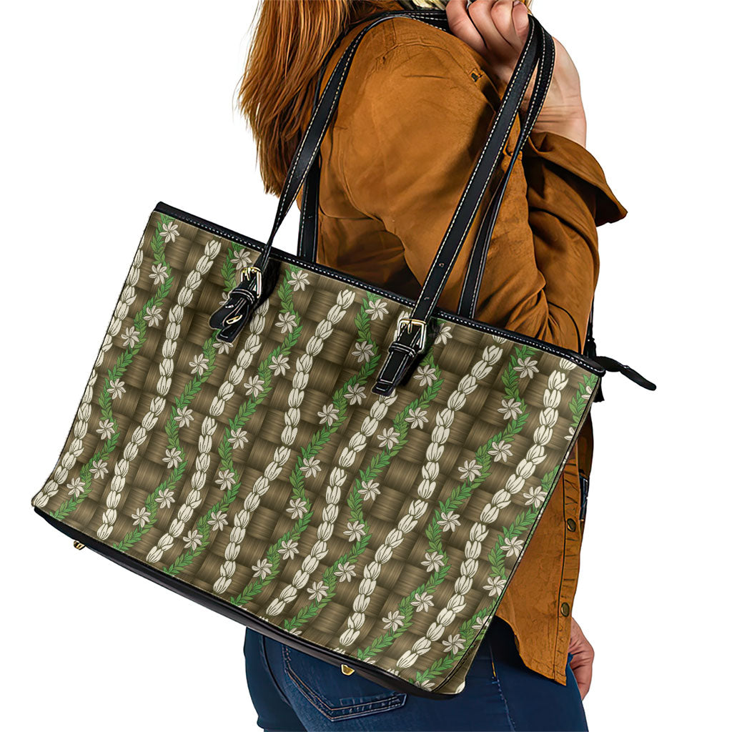 Pikake Maile Tiare Lei Leather Tote Bag Natural Lauhala Pattern