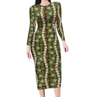 Pikake Maile Tiare Lei Long Sleeve Bodycon Dress Natural Lauhala Pattern