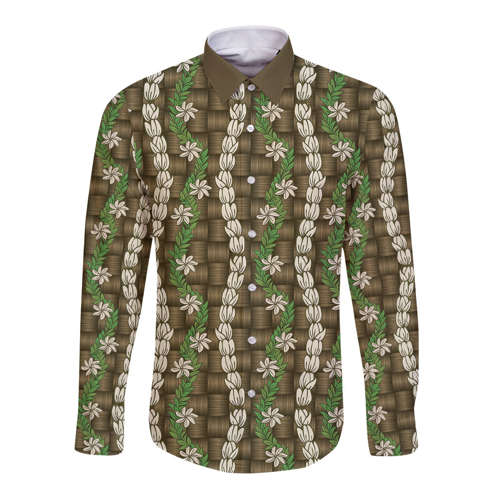 Pikake Maile Tiare Lei Long Sleeve Button Shirt Natural Lauhala Pattern LT01 Unisex Brown - Polynesian Pride