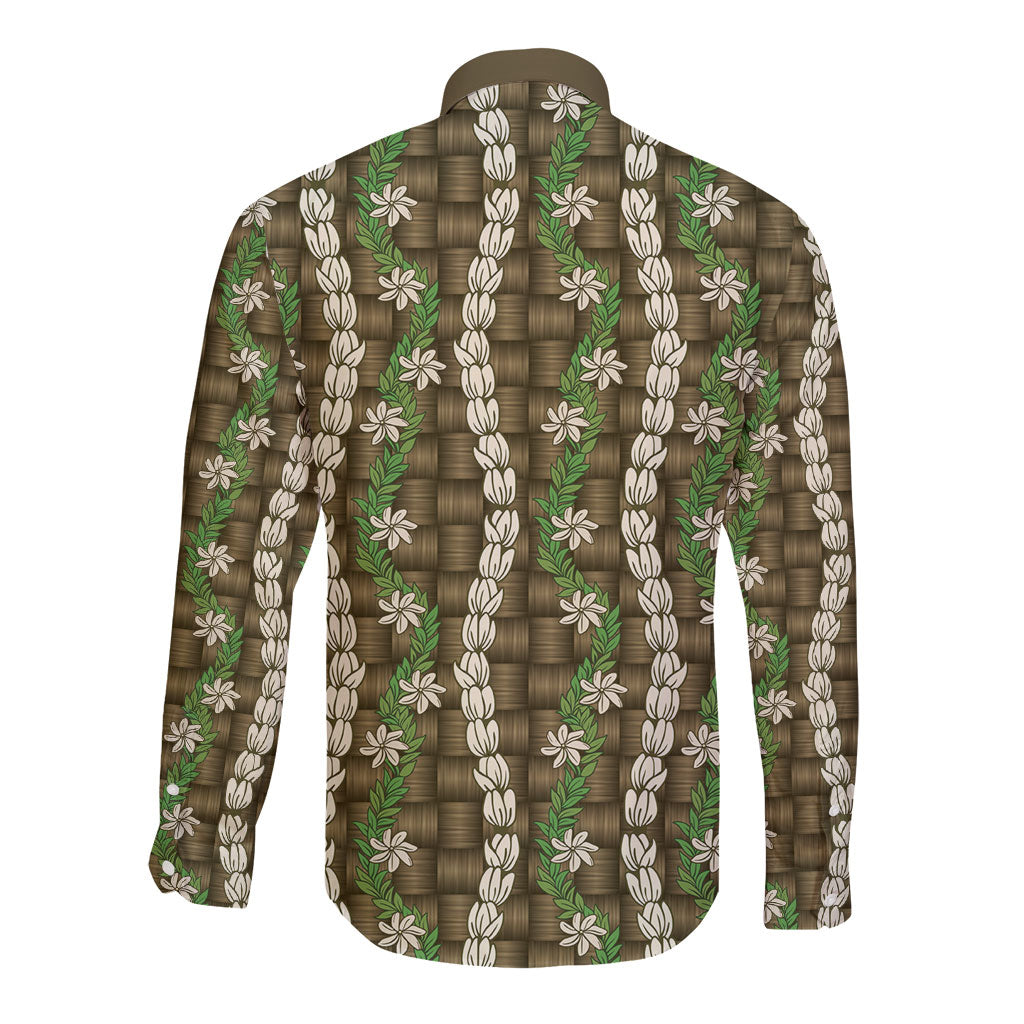 Pikake Maile Tiare Lei Long Sleeve Button Shirt Natural Lauhala Pattern