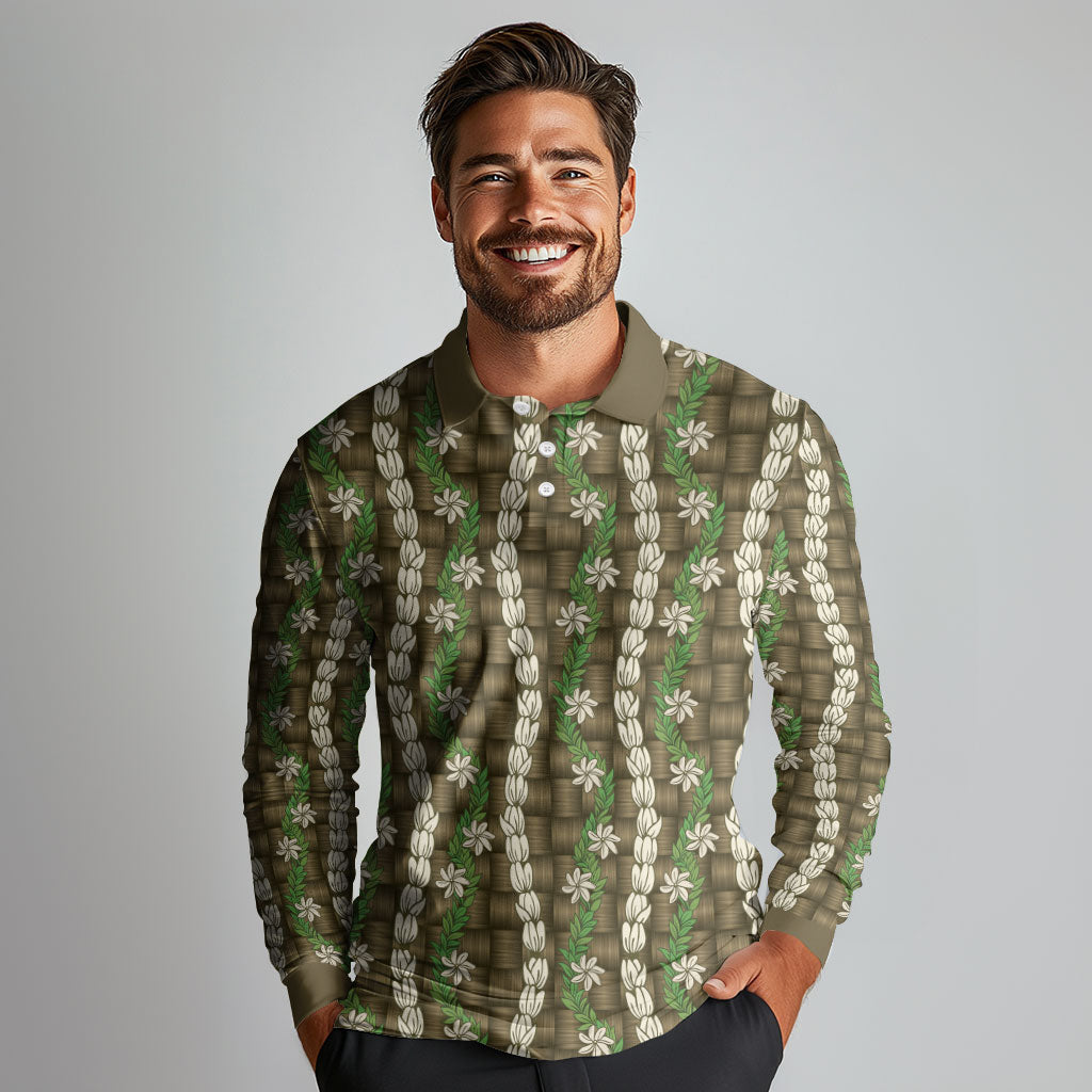 Pikake Maile Tiare Lei Long Sleeve Polo Shirt Natural Lauhala Pattern