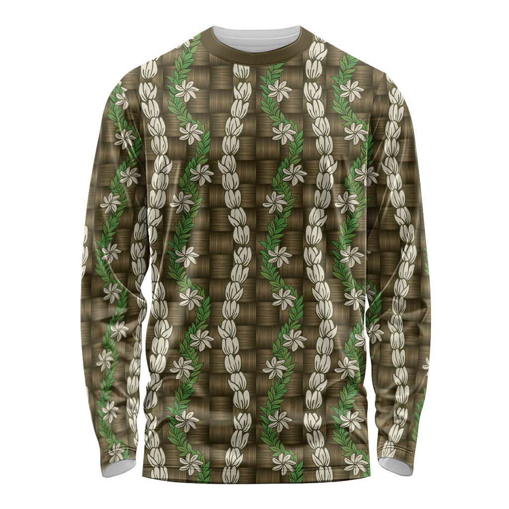Pikake Maile Tiare Lei Long Sleeve Shirt Natural Lauhala Pattern LT01 Unisex Brown - Polynesian Pride