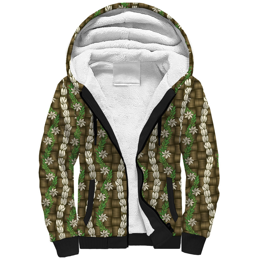Pikake Maile Tiare Lei Sherpa Hoodie Natural Lauhala Pattern