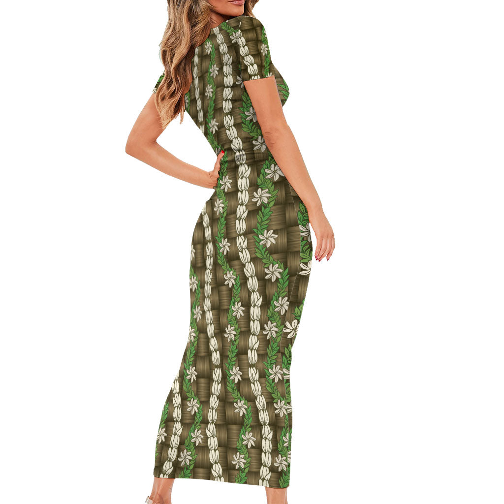 Pikake Maile Tiare Lei Short Sleeve Bodycon Dress Natural Lauhala Pattern