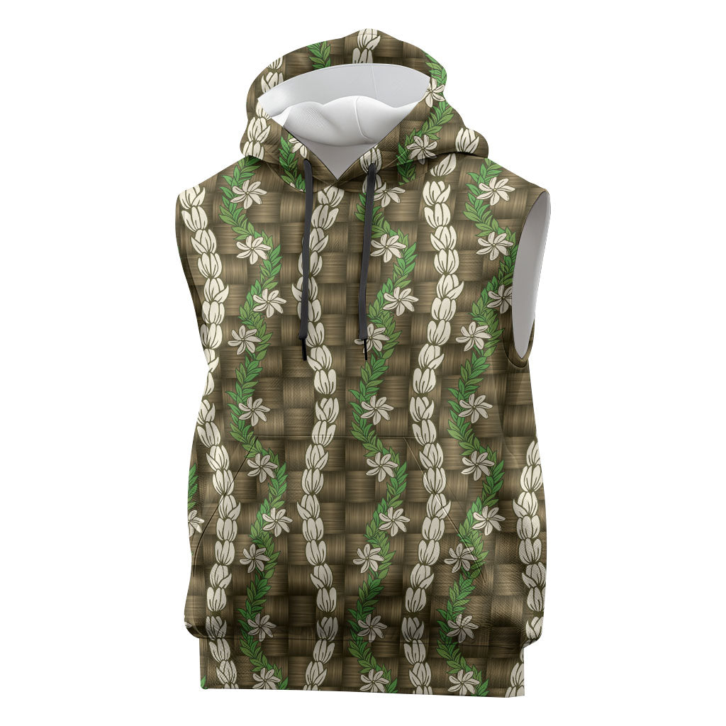 Pikake Maile Tiare Lei Sleeveless Hoodie Natural Lauhala Pattern