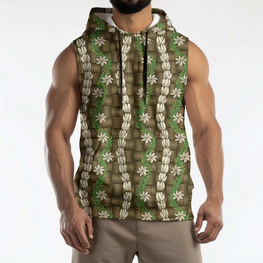 Pikake Maile Tiare Lei Sleeveless Hoodie Natural Lauhala Pattern