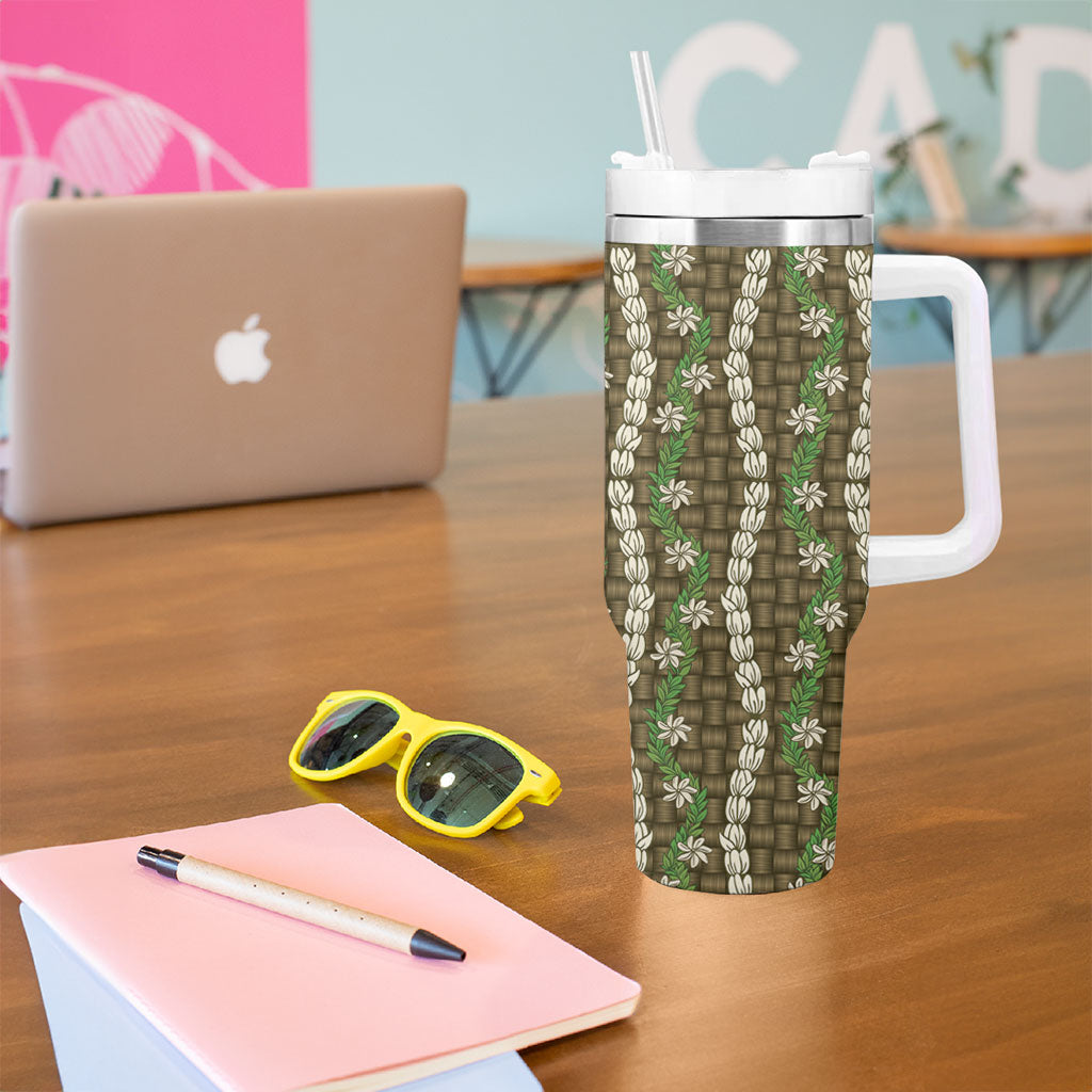 Pikake Maile Tiare Lei Tumbler With Handle Natural Lauhala Pattern