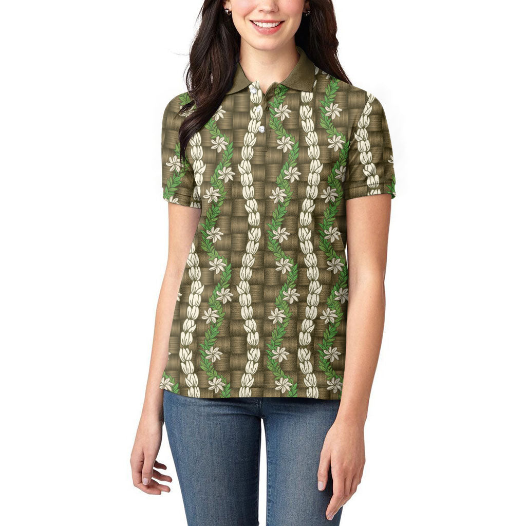 Pikake Maile Tiare Lei Women Polo Shirt Natural Lauhala Pattern