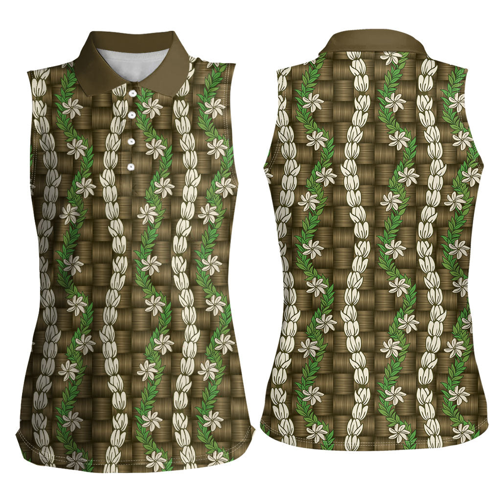 Pikake Maile Tiare Lei Women Sleeveless Polo Shirt Natural Lauhala Pattern