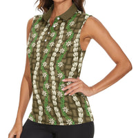 Pikake Maile Tiare Lei Women Sleeveless Polo Shirt Natural Lauhala Pattern