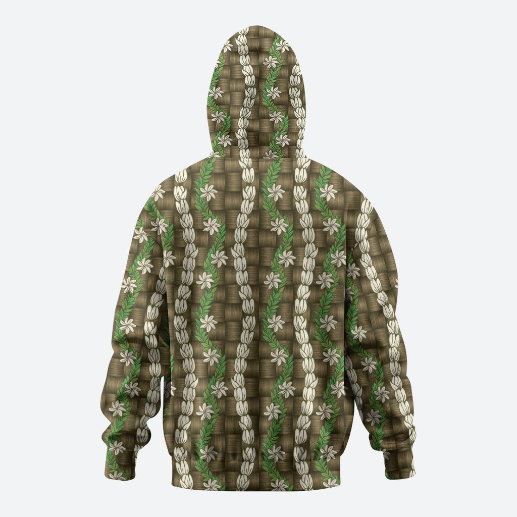 Pikake Maile Tiare Lei Zip Hoodie Natural Lauhala Pattern