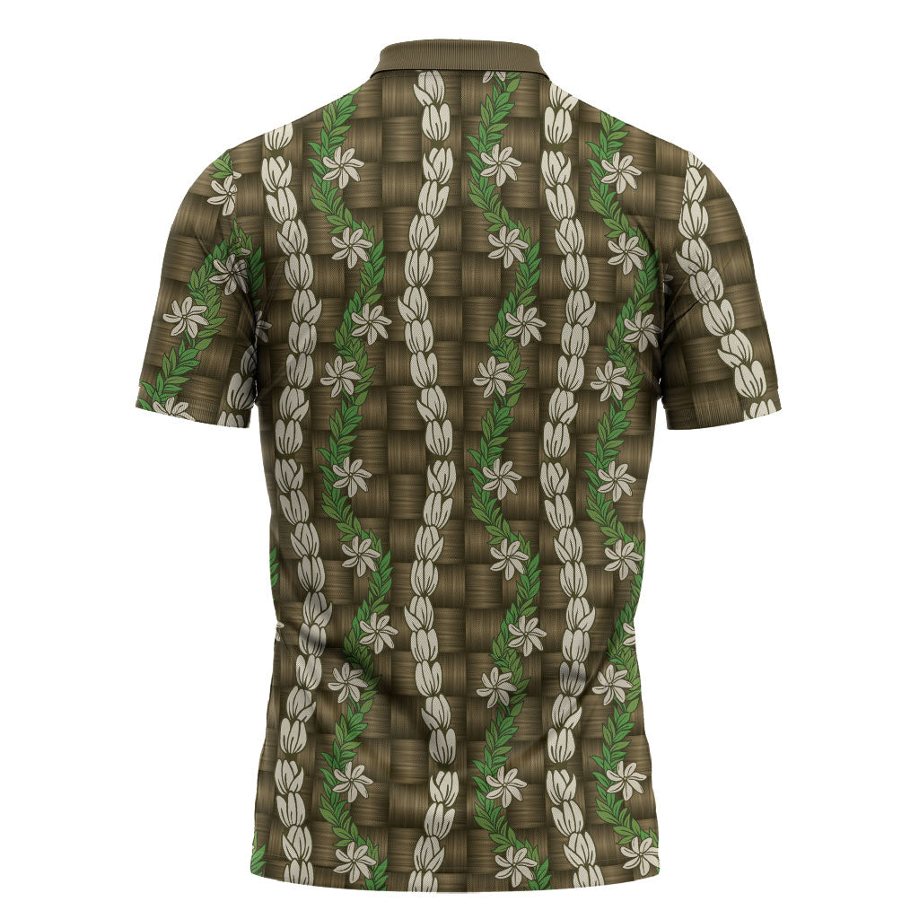 Pikake Maile Tiare Lei Zipper Polo Shirt Natural Lauhala Pattern