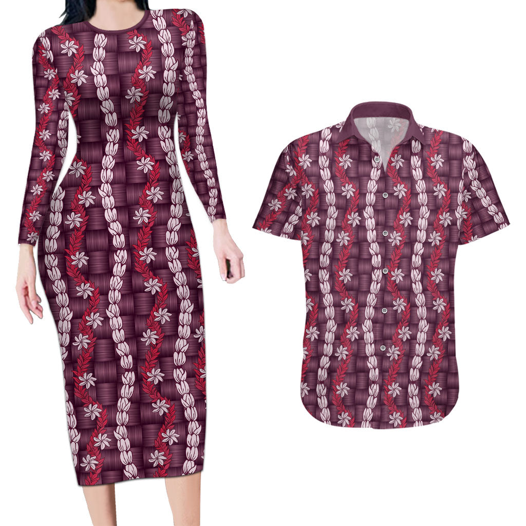 Pikake Maile Tiare Lei Couples Matching Long Sleeve Bodycon Dress and Hawaiian Shirt Akala Lauhala Pattern