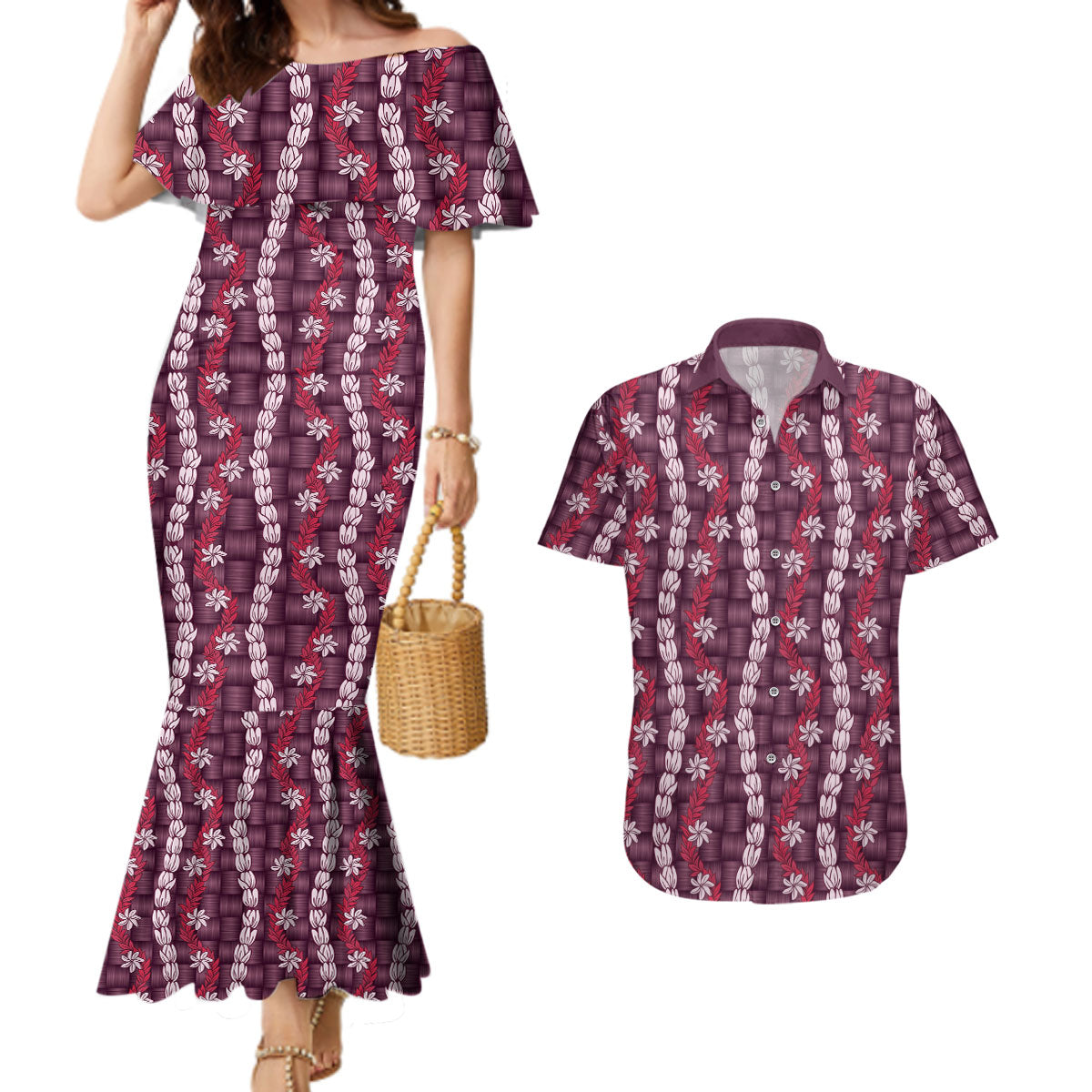 Pikake Maile Tiare Lei Couples Matching Mermaid Dress and Hawaiian Shirt Akala Lauhala Pattern LT01 Pink - Polynesian Pride
