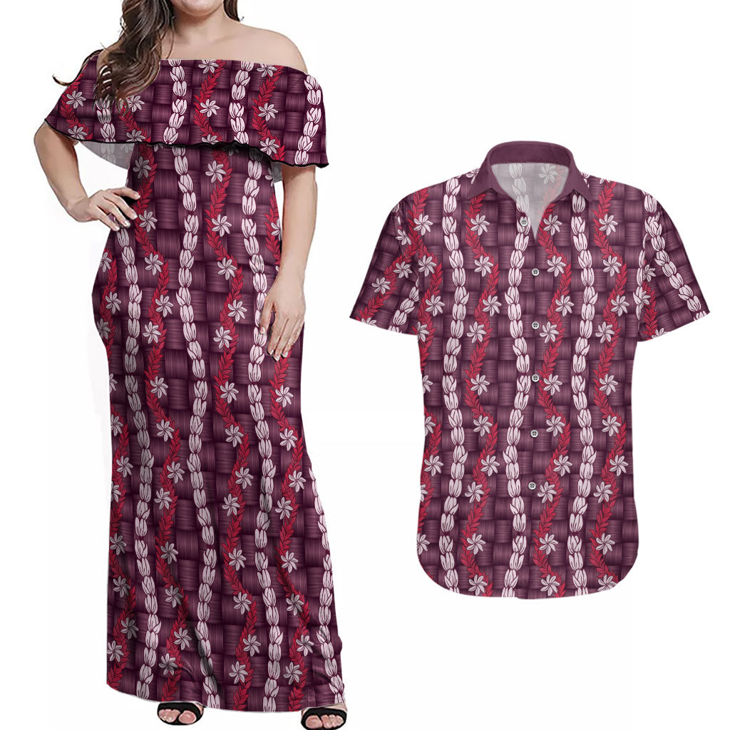 Pikake Maile Tiare Lei Couples Matching Off Shoulder Maxi Dress and Hawaiian Shirt Akala Lauhala Pattern LT01 Pink - Polynesian Pride