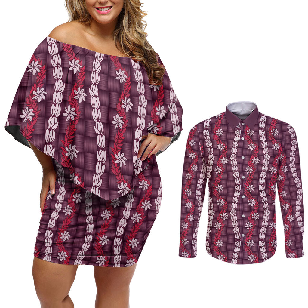 Pikake Maile Tiare Lei Couples Matching Off Shoulder Short Dress and Long Sleeve Button Shirt Akala Lauhala Pattern LT01 Pink - Polynesian Pride