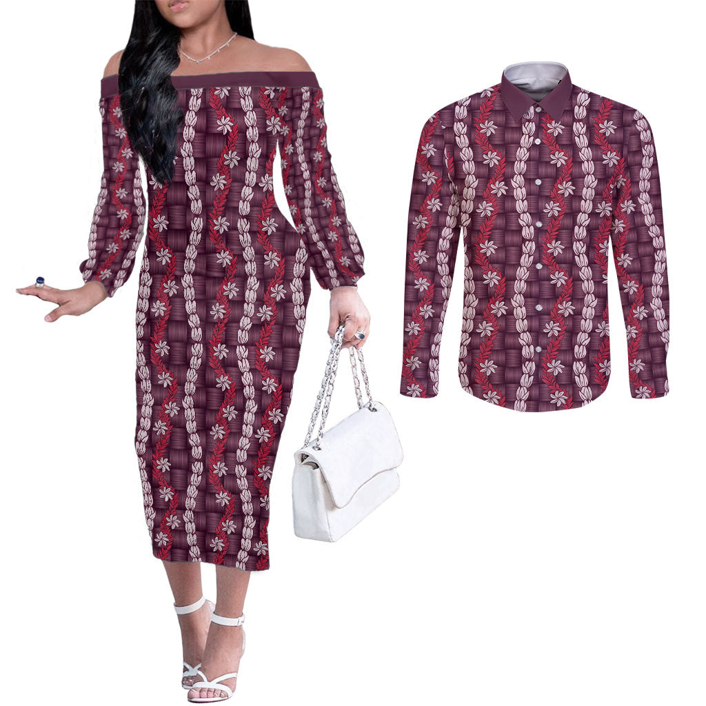 Pikake Maile Tiare Lei Couples Matching Off The Shoulder Long Sleeve Dress and Long Sleeve Button Shirt Akala Lauhala Pattern LT01 Pink - Polynesian Pride