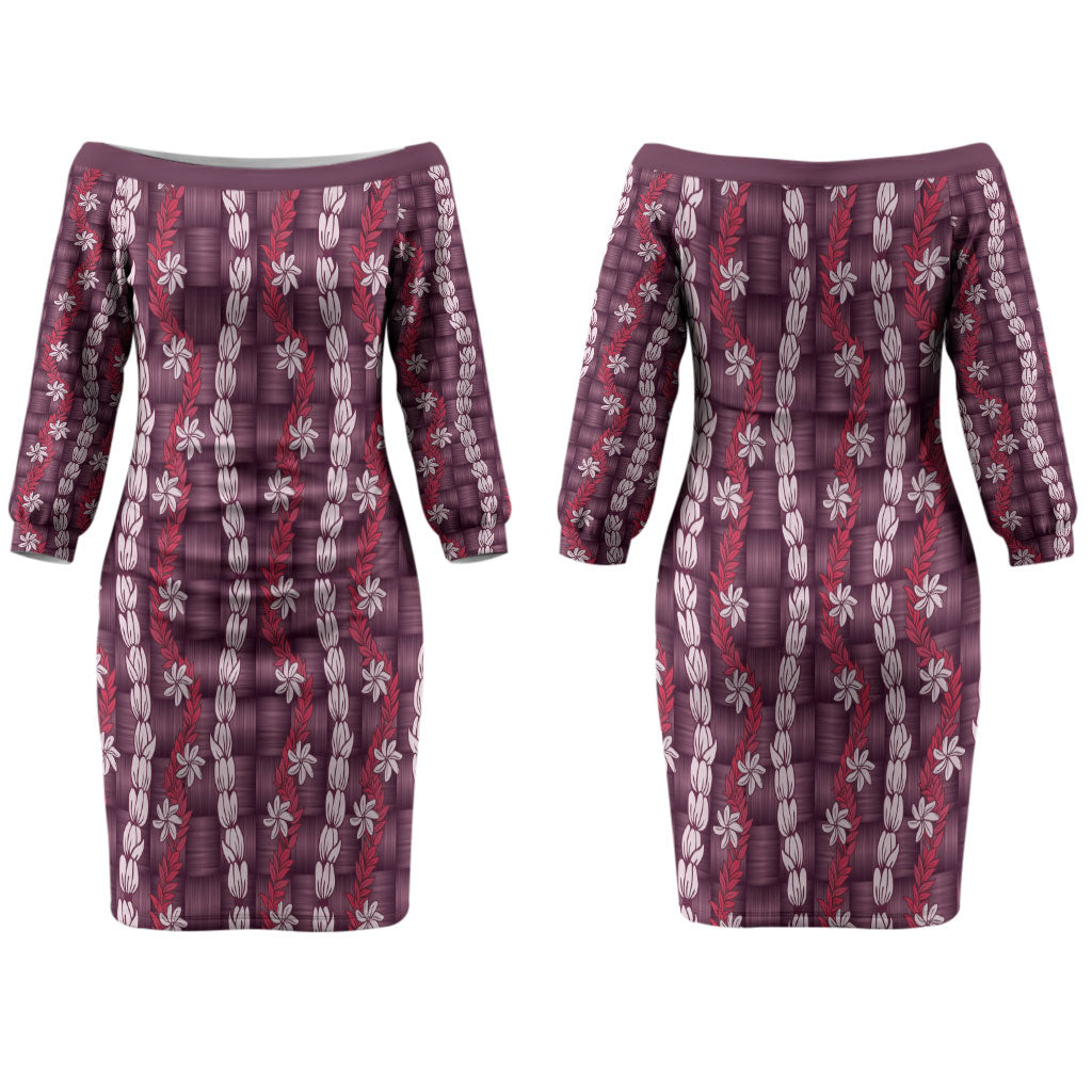 Pikake Maile Tiare Lei Couples Matching Off The Shoulder Long Sleeve Dress and Long Sleeve Button Shirt Akala Lauhala Pattern LT01 - Polynesian Pride