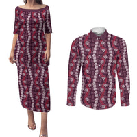 Pikake Maile Tiare Lei Couples Matching Puletasi and Long Sleeve Button Shirt Akala Lauhala Pattern