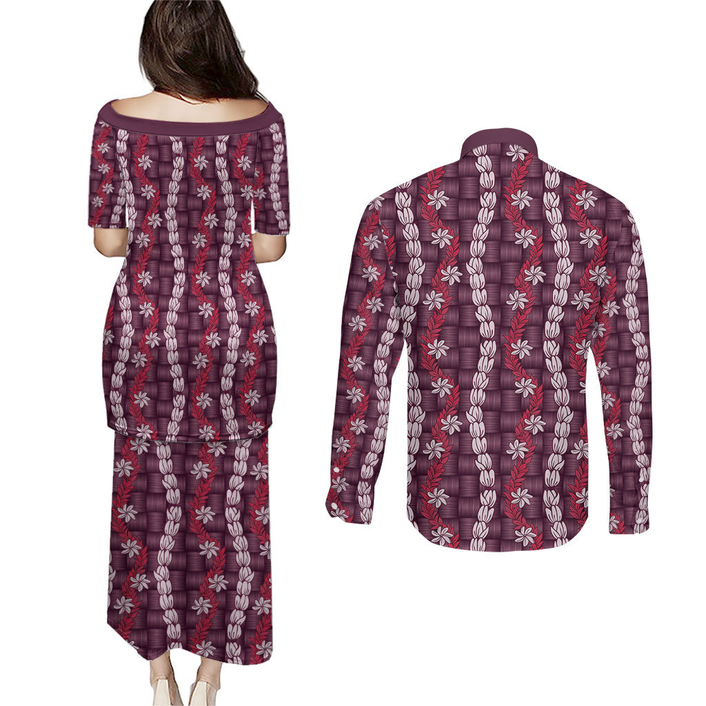 Pikake Maile Tiare Lei Couples Matching Puletasi and Long Sleeve Button Shirt Akala Lauhala Pattern