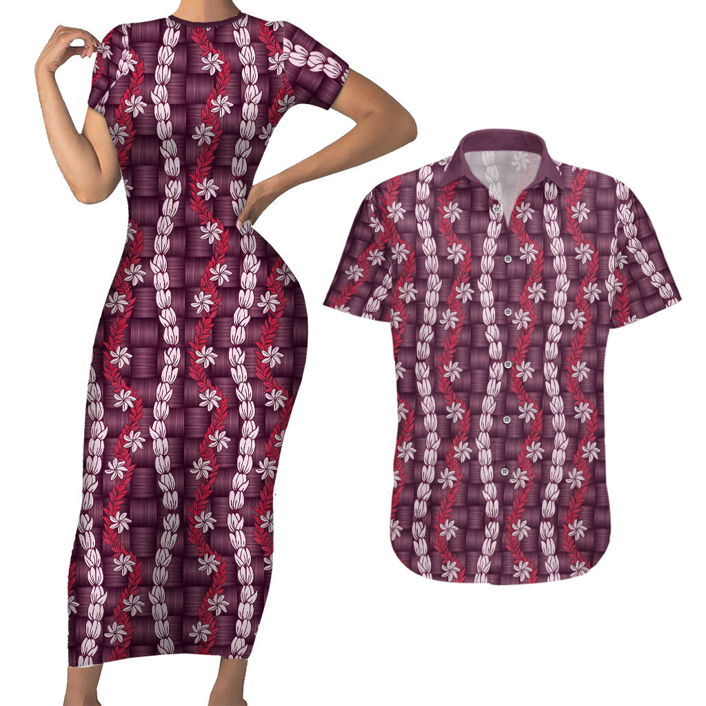 Pikake Maile Tiare Lei Couples Matching Short Sleeve Bodycon Dress and Hawaiian Shirt Akala Lauhala Pattern LT01 Pink - Polynesian Pride