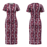 Pikake Maile Tiare Lei Couples Matching Short Sleeve Bodycon Dress and Long Sleeve Button Shirt Akala Lauhala Pattern LT01 - Polynesian Pride