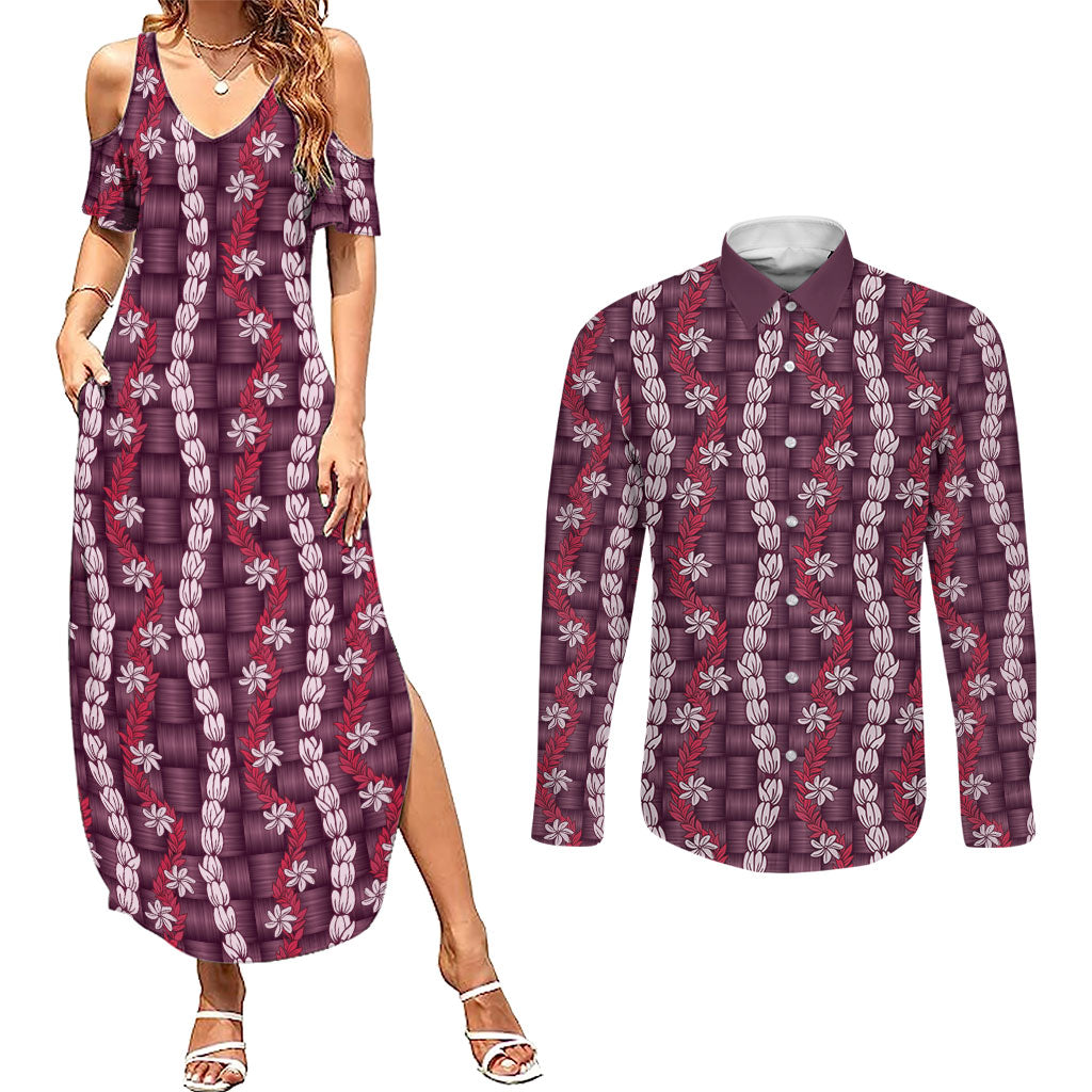 Pikake Maile Tiare Lei Couples Matching Summer Maxi Dress and Long Sleeve Button Shirt Akala Lauhala Pattern LT01 Pink - Polynesian Pride